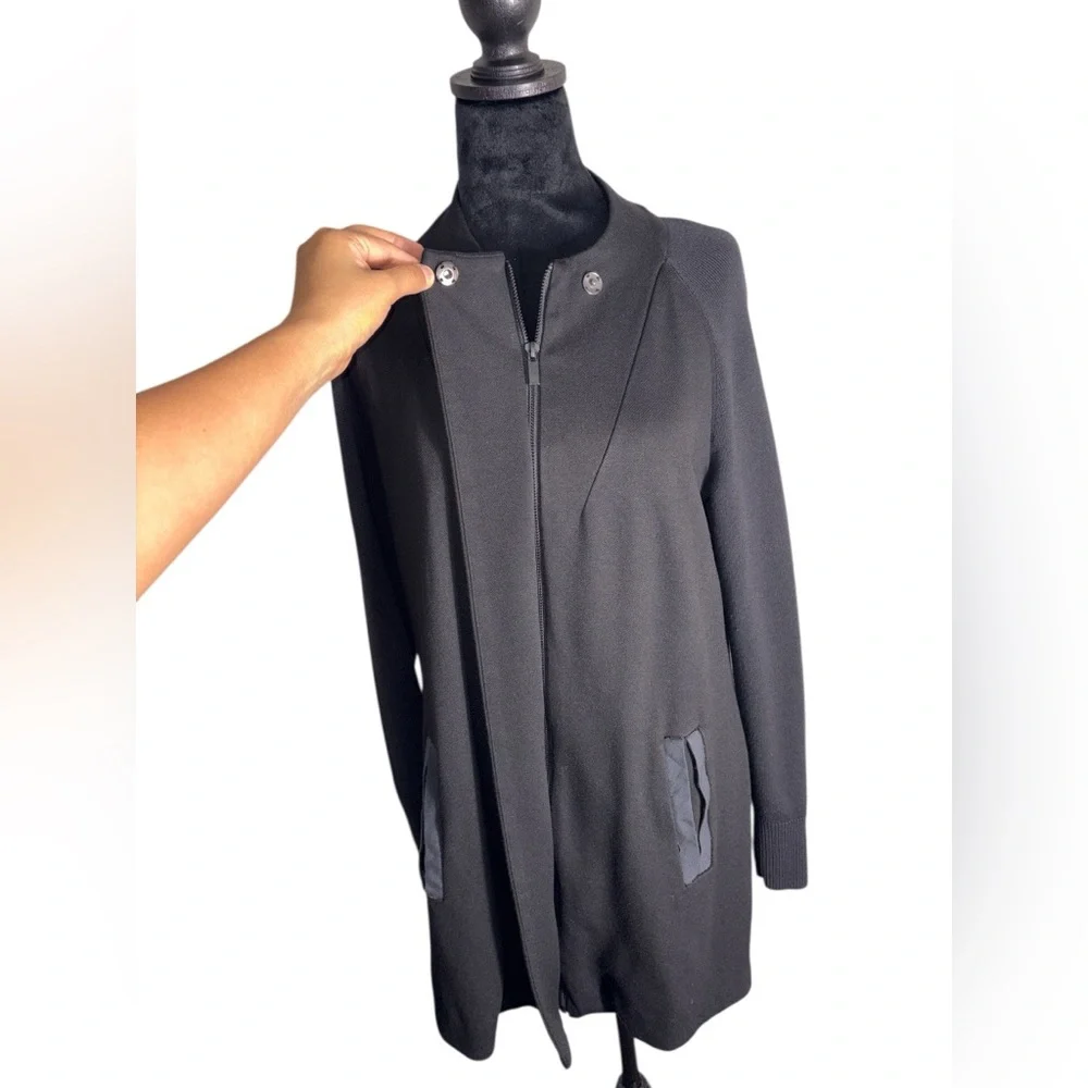 Cabi 3351 Tailor Ponte Knit Full Zip Coat in Black with faux leather trim Sz S